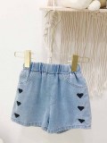 Kids Girl Light Blue Love-shaped Embroidered Loose Denim Shorts