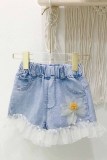 Kids Girl Light Blue Flower Mesh Patch Loose Denim Shorts