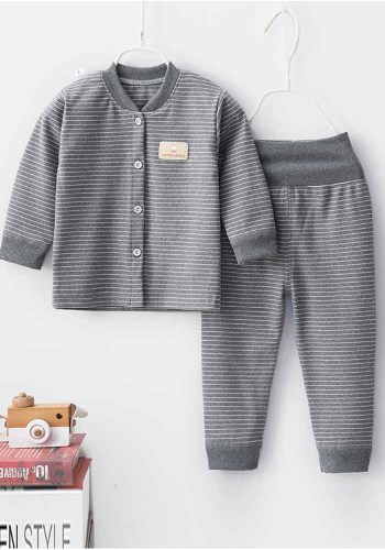 Baby Boy Spring Grey Stripes Long Sleeve High Waist Two Piece Pajamas Set