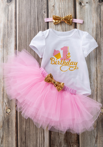 Baby Girl Summer 1st Birthday Party Print Short Sleeve Bodysuit and Pink Tutu Skirt 3 Pieces Set