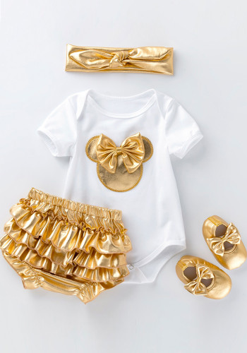 Baby Girl Summer White Short Sleeve Bodysuit and Tutu Skirt 4 Pieces Set