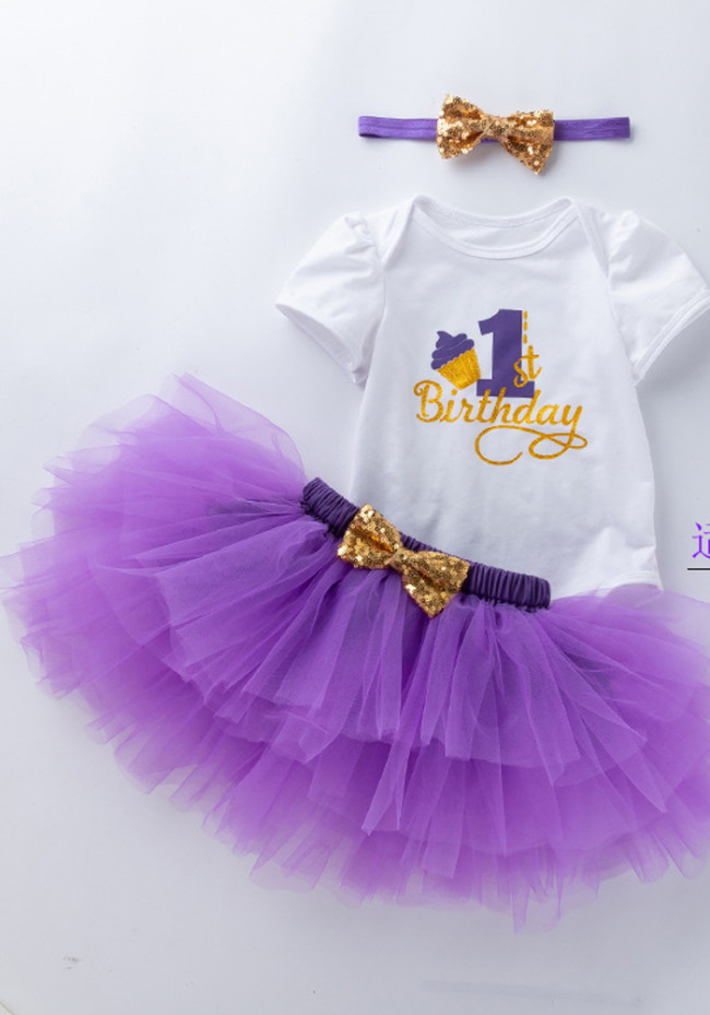 Baby Girl Summer 1st Birthday Party Print Short Sleeve Bodysuit and Purple Tutu Skirt 3 Pieces Set