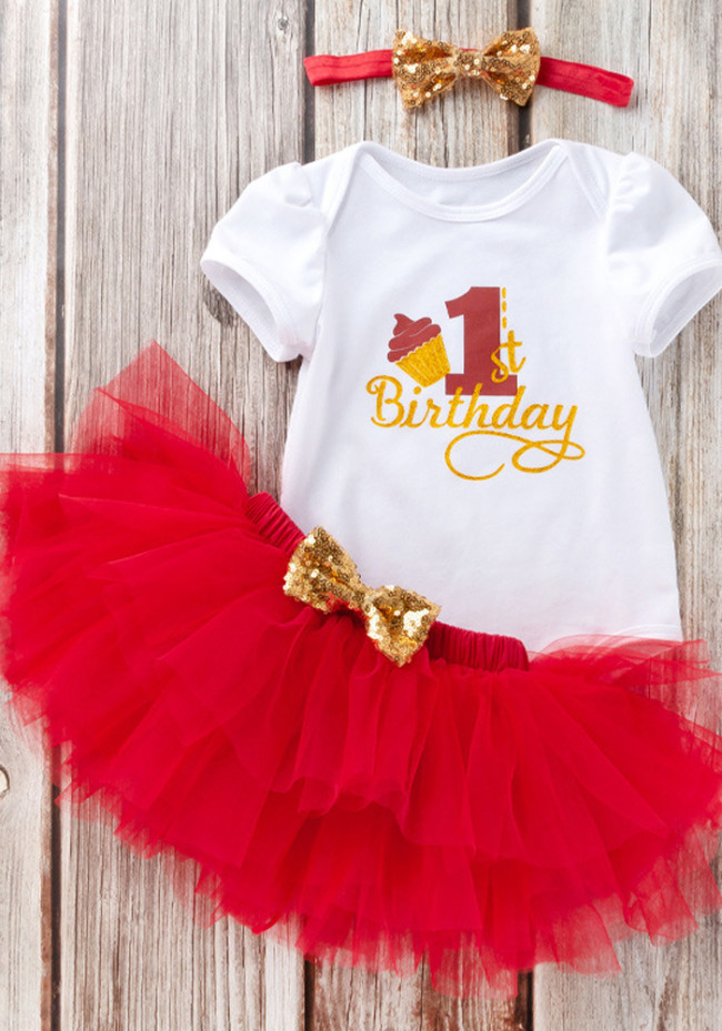 Baby Girl Summer 1st Birthday Party Print Short Sleeve Bodysuit and Red Tutu Skirt 3 Pieces Set
