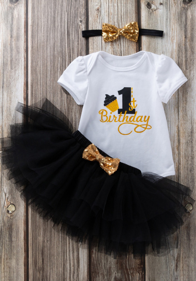 Baby Girl Summer 1st Birthday Party Print Short Sleeve Bodysuit and Black Tutu Skirt 3 Pieces Set
