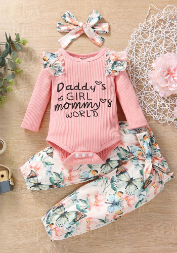 Baby Girl Spring Pink Letter Print Round Neck Long Sleeve Romper And Print Pant And Hair Band 3 Piece Sets