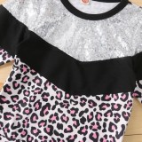 Girl Spring Silver Sequins Contrast With Leopard Print Long Sleeve Top