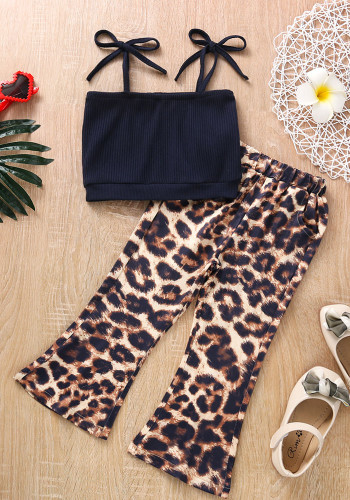 Girl Summer Black Straps Top And Leopard Print Pant Two Piece Set