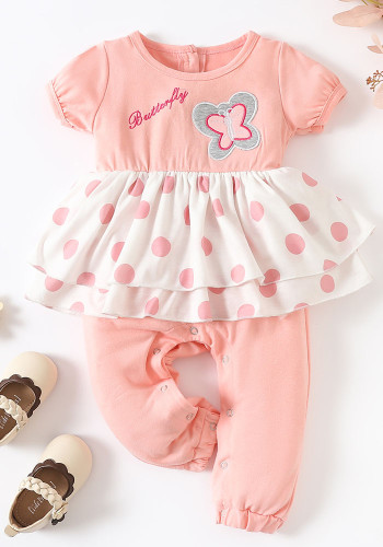 Baby Girl Spring Pink Contrast Print Round Neck Short Sleeve Dress And Pant Two Piece Set