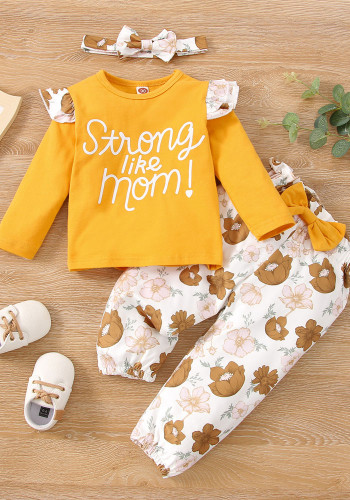 Girl Spring Yellow Letter Print Round Neck Long Sleeve T-Shirt And Print Pant Hair Band 3 Piece Sets