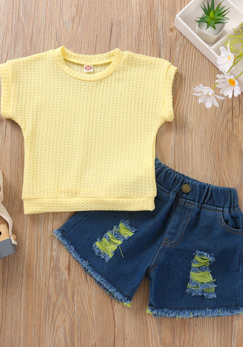 Girl Summer Yellow Solid Round Neck Short Sleeve T-Shirt And Ripped Jeans Shorts Two Piece Set