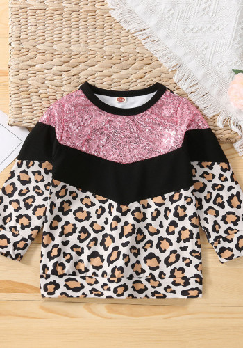 Girl Spring Pink Sequins Contrast With Leopard Print Long Sleeve Top