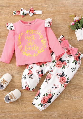 Girl Spring Pink Letter Print Round Neck Long Sleeve T-Shirt And Print Pant Hair Band 3 Piece Sets