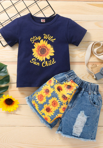 Girl Summer Blue Sunflower Print Round Neck Short Sleeve T-Shirt And Jeans Shorts Two Piece Set