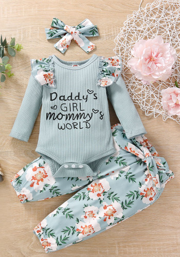 Baby Girl Spring Blue Letter Print Round Neck Long Sleeve Romper And Print Pant And Hair Band 3 Piece Sets