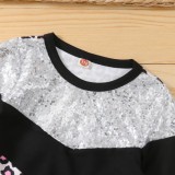 Girl Spring Silver Sequins Contrast With Leopard Print Long Sleeve Top