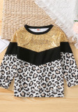 Girl Spring Golden Sequins Contrast With Leopard Print Long Sleeve Top