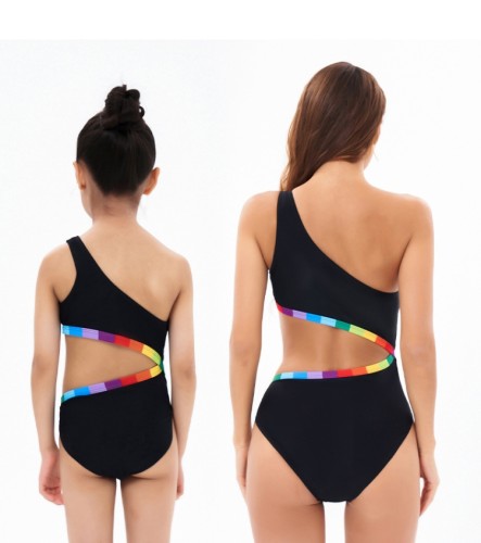 Mommy and Me Family Matching Black One Shoulder Girls One-Piece Swimwear