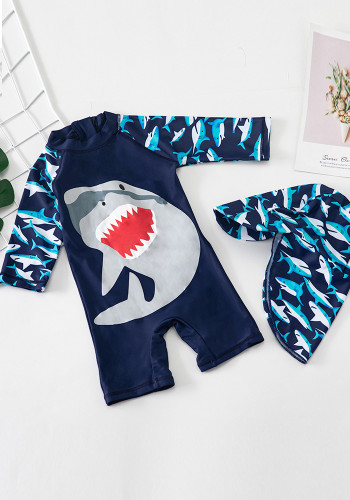 Kids Boy Summer Sharks Printed One-Piece Swimwear with Hat