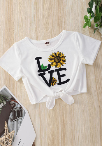 Kids Girl Summer White Sunflower Print Short Sleeve T-shirt