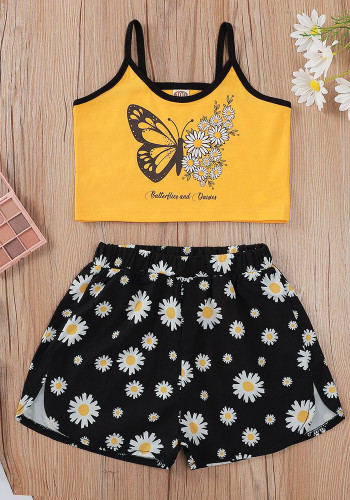 Kids Girl Summer Flower Print Tank Top and Black Shorts Two Piece Set