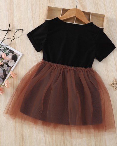 Kids Girl Summer Black Cartoon Print Short Sleeve T-shirt Dress and Yarn Skirt Two Piece Set