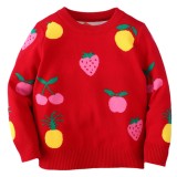 Kids Girl Spring Red Fruits O-neck Long Sleeve Knitted Sweater