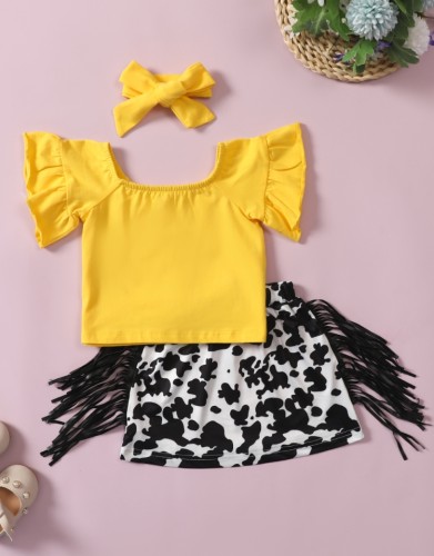 Kids Girl Summer Yellow Short Sleeve T-shirt and Tassels Leopard Skirt Two Piece Set with Headbands