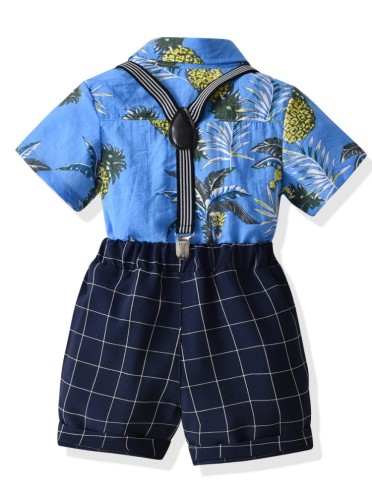 Kids Boy Blue Printed Short Sleeve Shirt and Bib Shorts Set