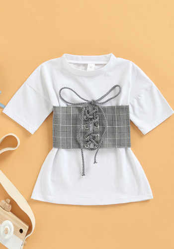 Kids Girl White O-Neck Plaid Bustier Shirt