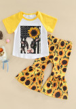 Summer Kids Girl Sunflower Print Shirt and Bell Bottom Pants Matching Two Piece Set