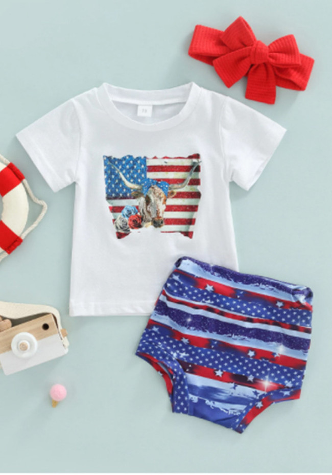 Summer Baby Girl Flag Print Shirt and Shorts, Matching Headband Three Piece Set