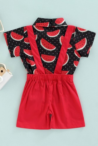 Summer Kids Boy Watermellon Printed Tied Shirt and Suspender Shorts Matching Two Piece Set