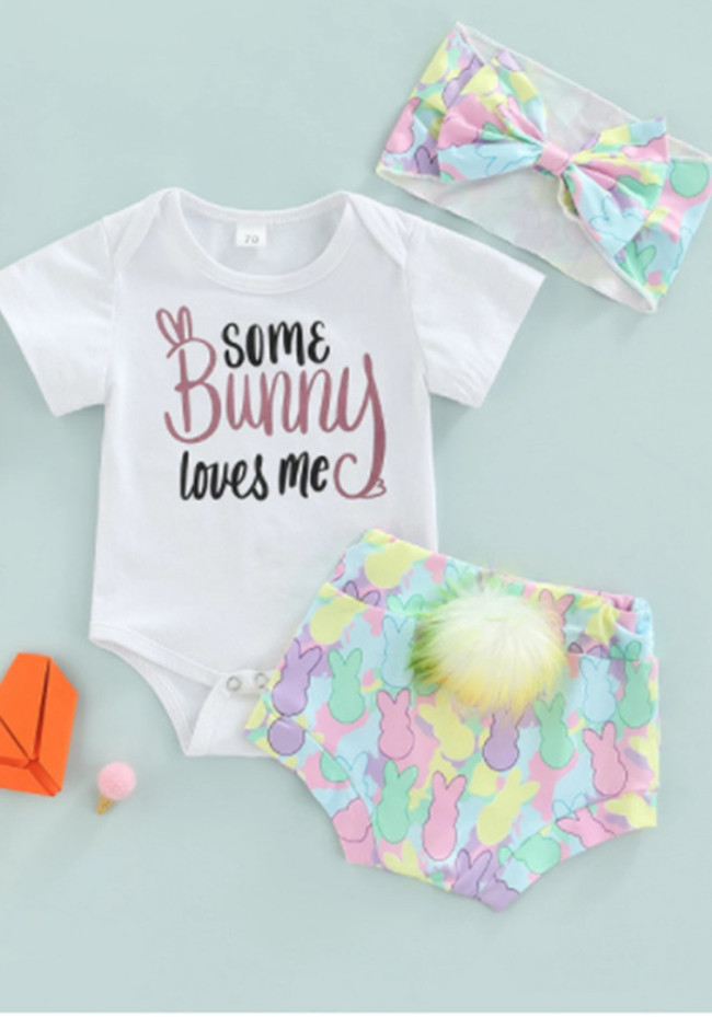 Summer Baby Girl Bunny Print Bodysuit and Shorts, Headbands Three Piece Set