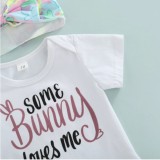 Summer Baby Girl Bunny Print Bodysuit and Shorts, Headbands Three Piece Set