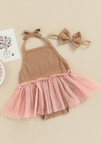 Baby Girl Summer Brown Knitted Bodysuit Mesh Dress with Headband