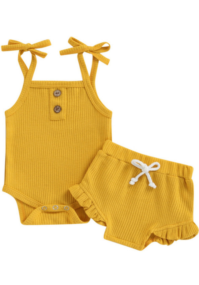 Baby Girl Summer Yellow Knitted Bodysuit and Shorts Two Piece Set