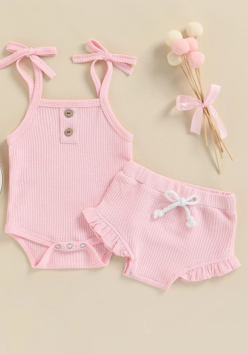 Baby Girl Summer Pink Knitted Bodysuit and Shorts Two Piece Set