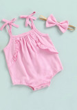 Baby Girl Summer Pink Strap Bodysuit Rompers with Matching Headband