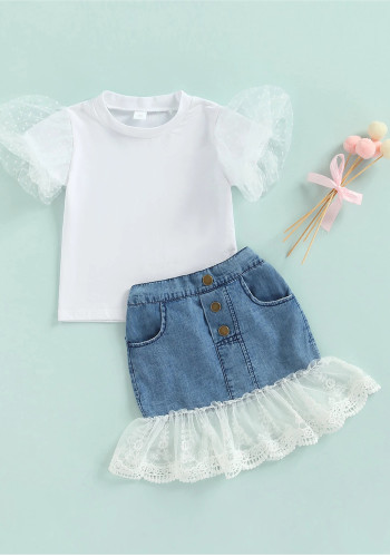 Kids Girl Summer Patchwork White Shirt and Denim Skirt Two Piece Set