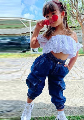 Kids Girl Summer White Lace Bandeau Top and Jeans Trousers Two Piece Set