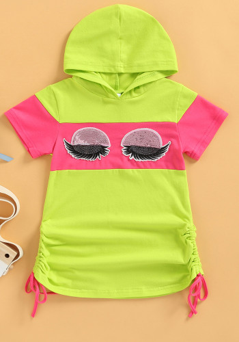 Kids Girl Summer Green Contrast Color Sequin Hoody Dress