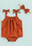 Baby Girl Summer Brown Strap Bodysuit Rompers with Matching Headband