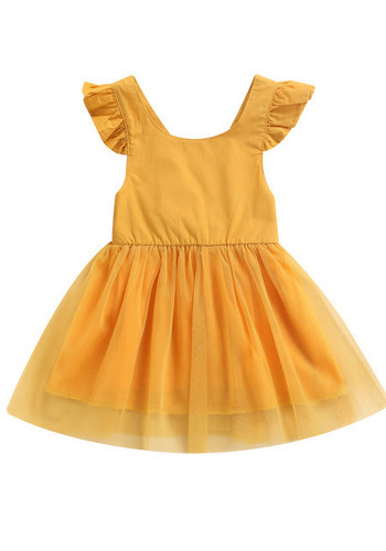 Kids Girl Summer Yellow Flying Sleeves Mesh Dress