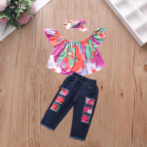 Spring and autumn girls' Two Piece Set, ripped pants, off-shoulder tops, jeans, three-piece Two Piece Set, children's patch pants Two Piece Set