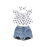 Children's clothing print pullover summer white polka dot top colorblock denim shorts girls three-piece set