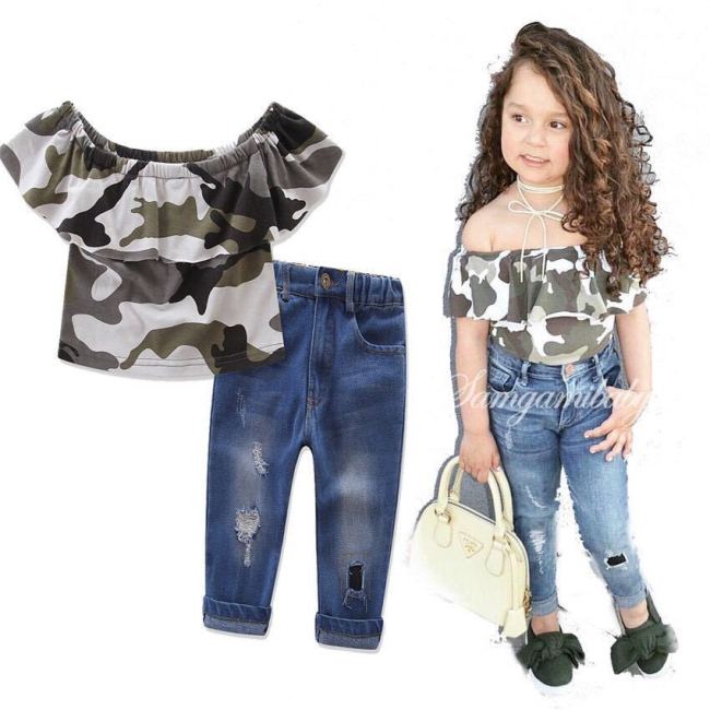 Children's Two Piece Set ruffled one-shoulder top + ripped jeans