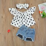 Children's clothing print pullover summer white polka dot top colorblock denim shorts girls three-piece set
