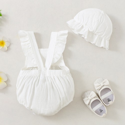 Baby Girl Summer White Flying Sleeve Rompers + Hat
