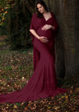 Summer Burgunry V-neck Half Sleeves Photography Maternity Dress