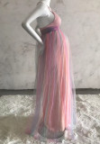 Summer Rainbow Print Strap Maternity Long Maxi Dress